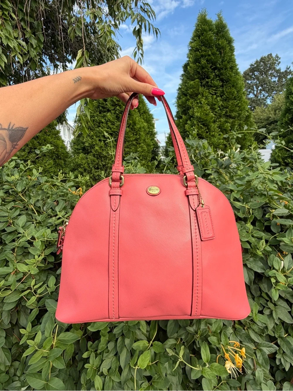 Coach Peyton Coral Pink Leather Satchel Shoulder Dome Bag
